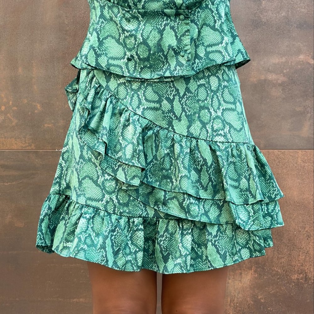 Green Snake Print Ruffle Mini Skirt
